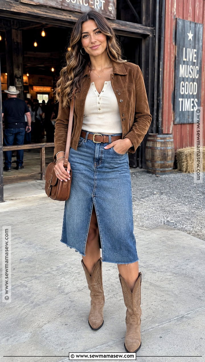 Denim Skirt Thermal Top Western Boots Concert Outfit - 15 Fall Concert Outfit Night Outside Ideas