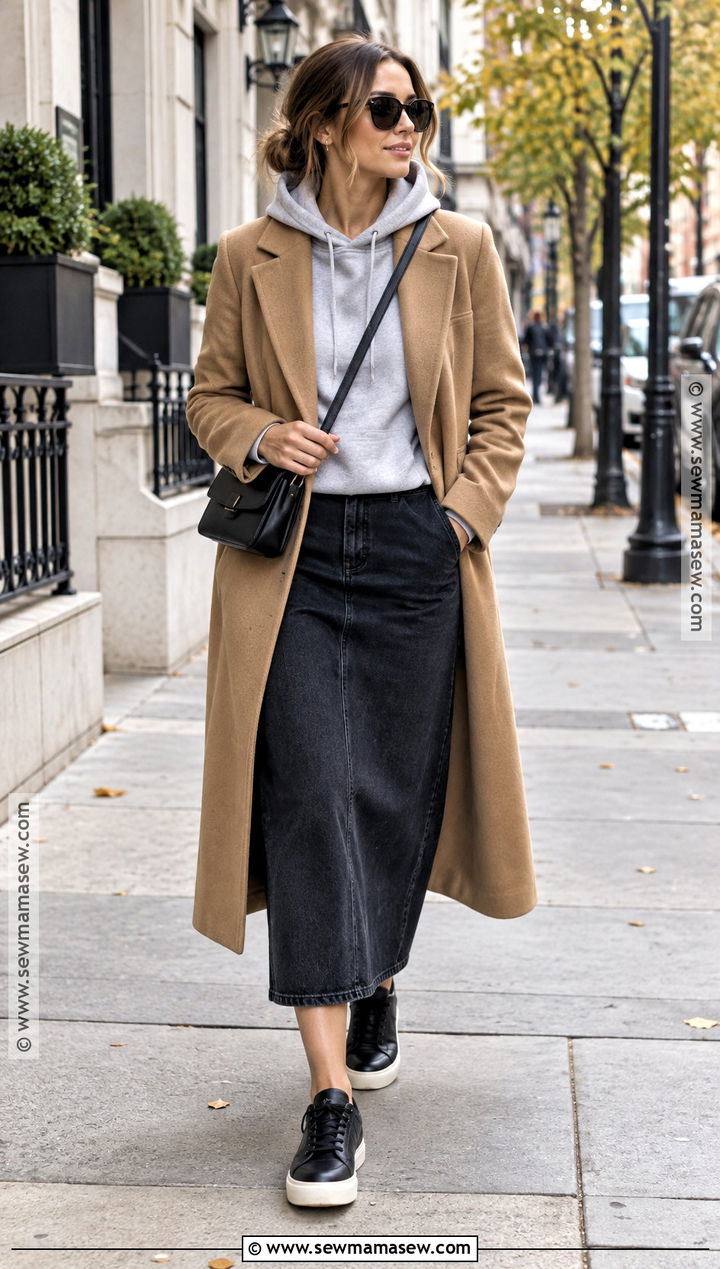 Denim Skirt With Hoodie And Long Coat - 25 fall denim skirt outfits
