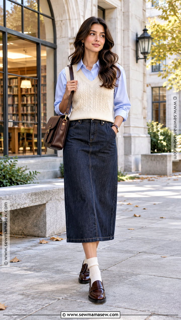 Denim Skirt With Knit Vest And Button Down Shirt - 20 denim skirt outfit autumn ideas