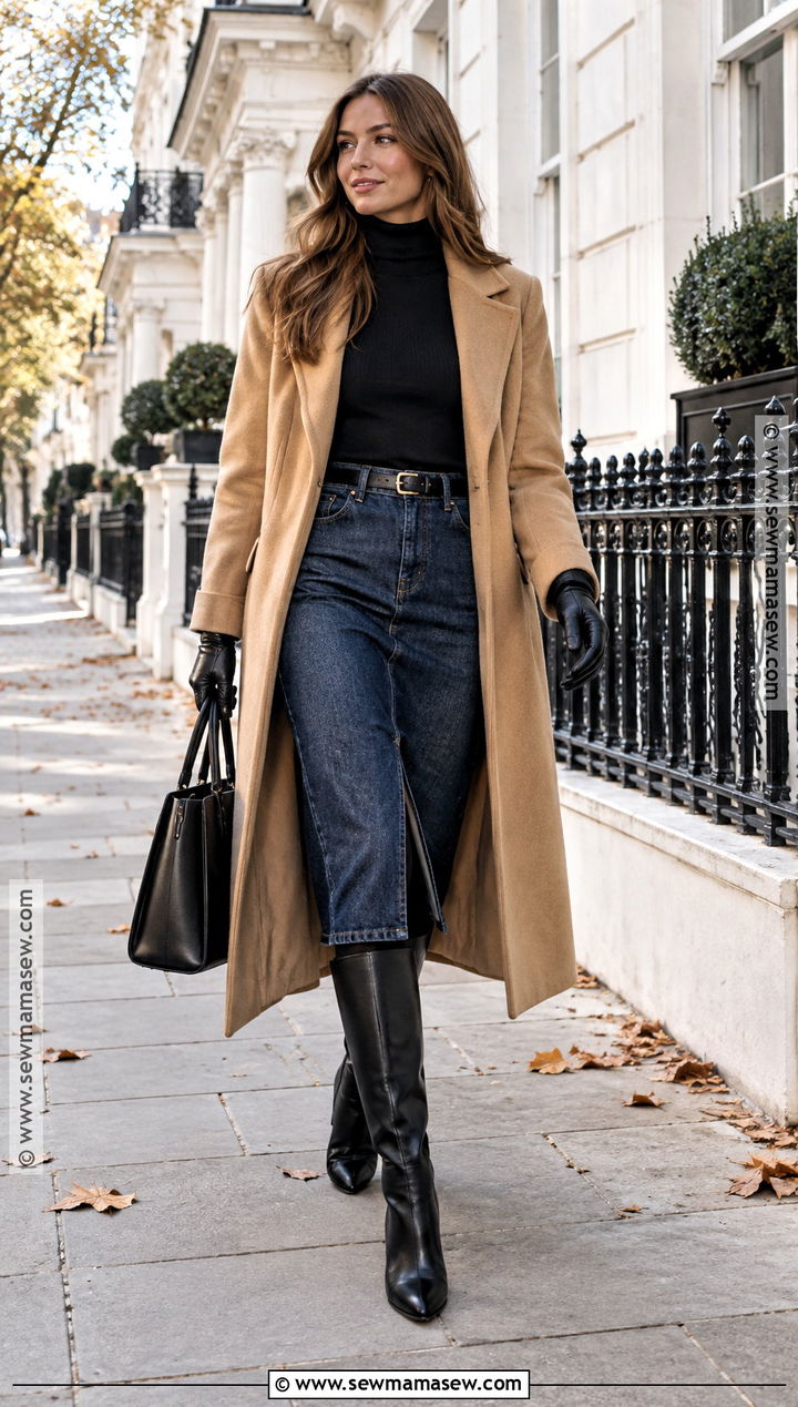 Denim Skirt With Long Coat And Knee High Boots - 15 Denim Skirt Outfit Fall Ideas 2026