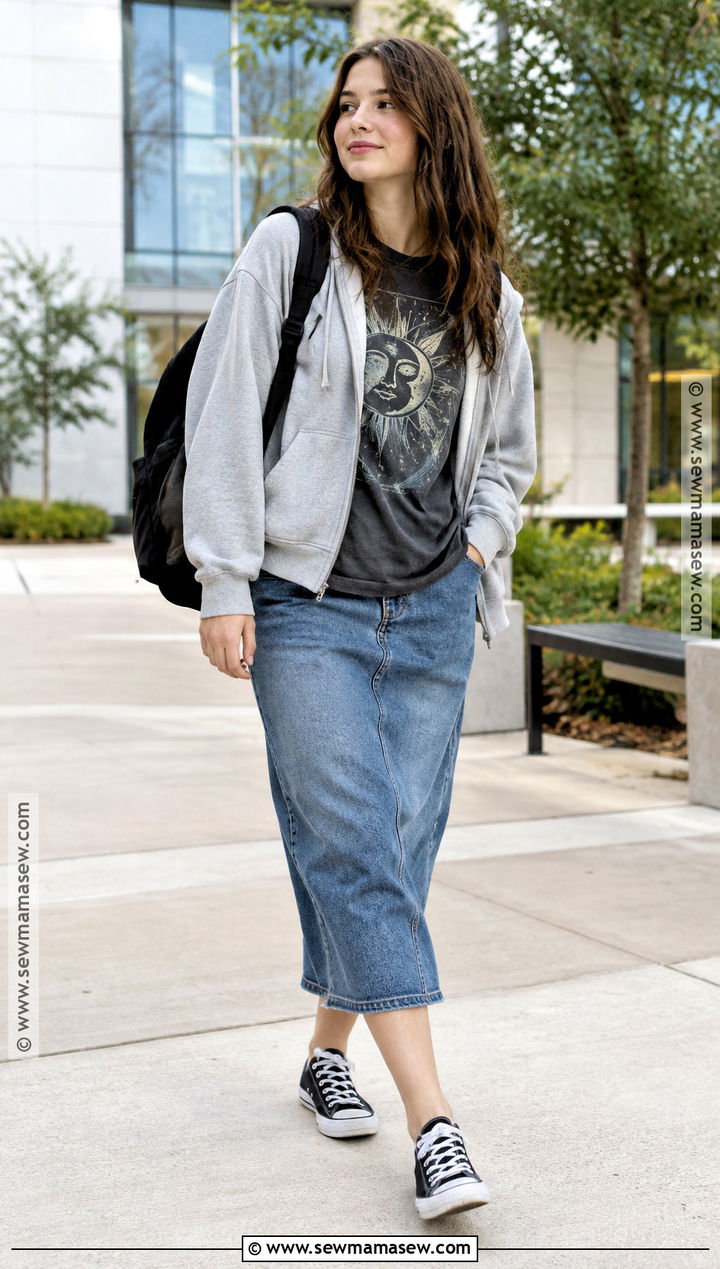 Denim Skirt With Oversized Graphic T Shirt - 25 back to school outfits skirt