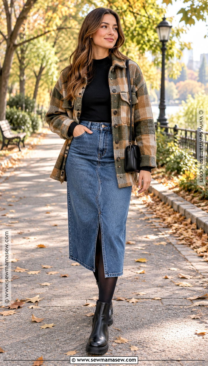 Denim Skirt With Shacket And Chelsea Boots - 15 Denim Skirt Outfit Fall Ideas 2026