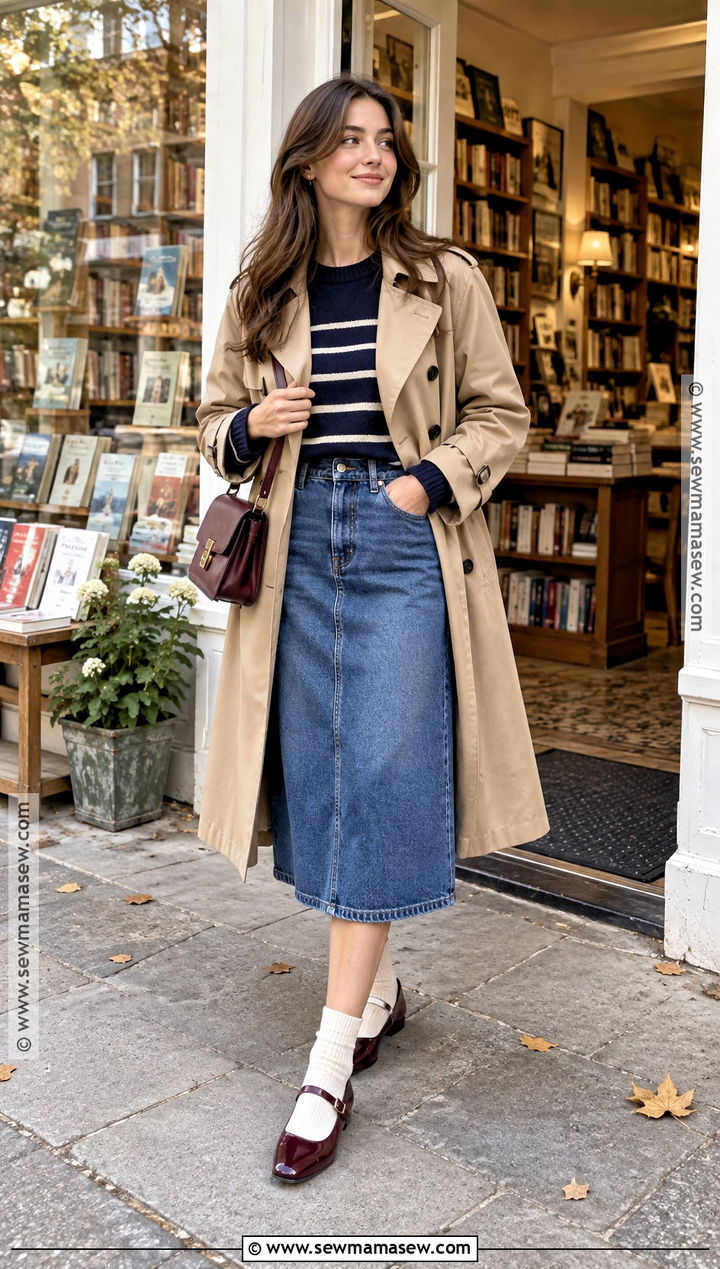 Denim Skirt With Striped Sweater And Mary Jane Flats - 20 denim skirt autumn outfit ideas