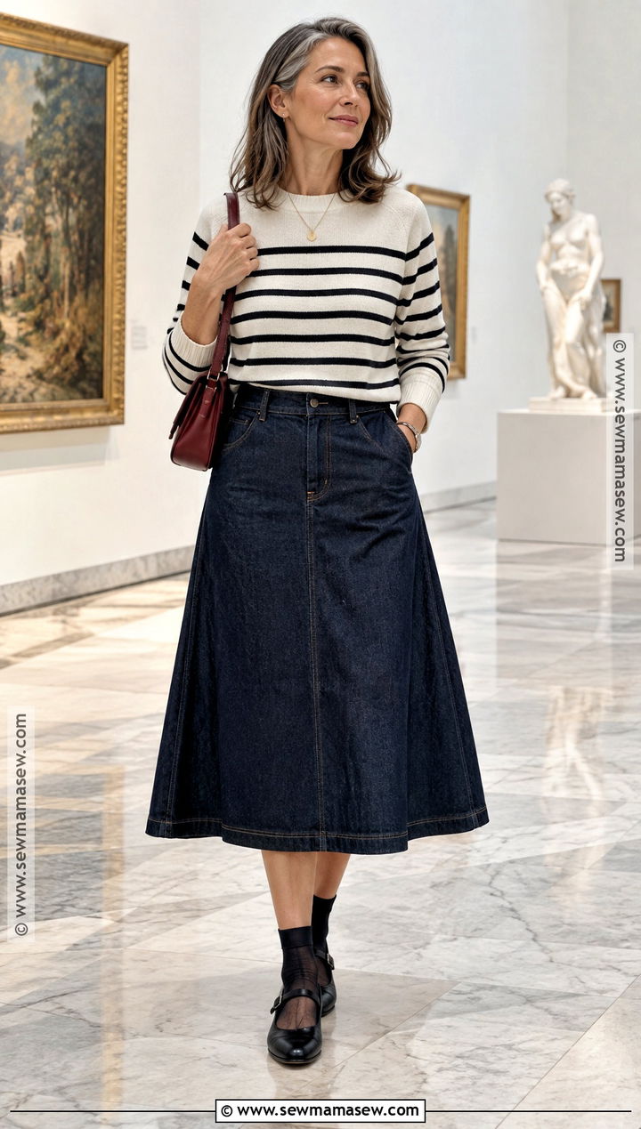 Denim Skirt With Striped Sweater And Mary Janes - 15 Denim Skirt Outfit Fall Ideas 2026
