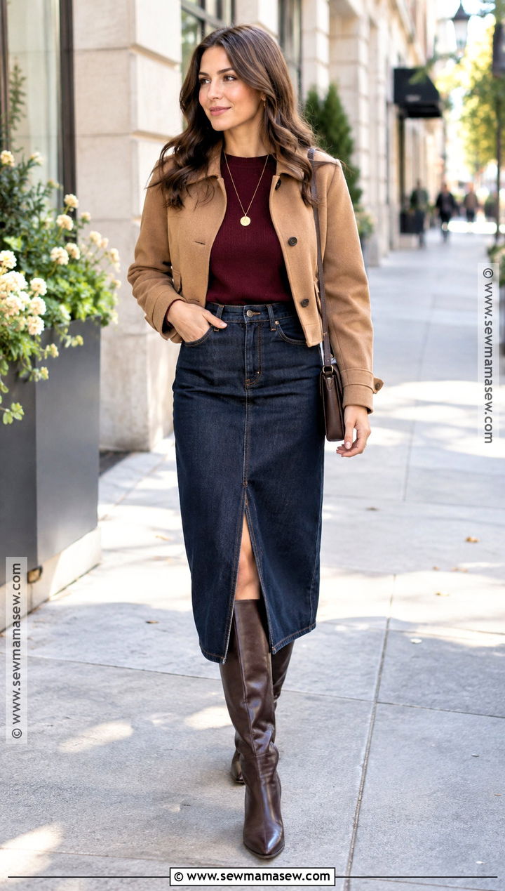 Denim Skirt With Sweater And Knee High Boots - 25 fall outfits ideas