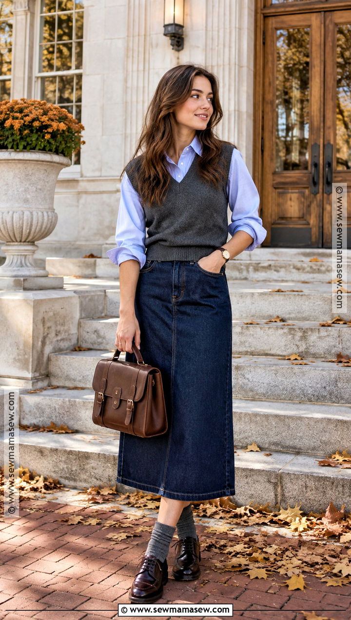 Denim Skirt With Sweater Vest And Button Down Shirt - 20 denim skirt autumn outfit ideas