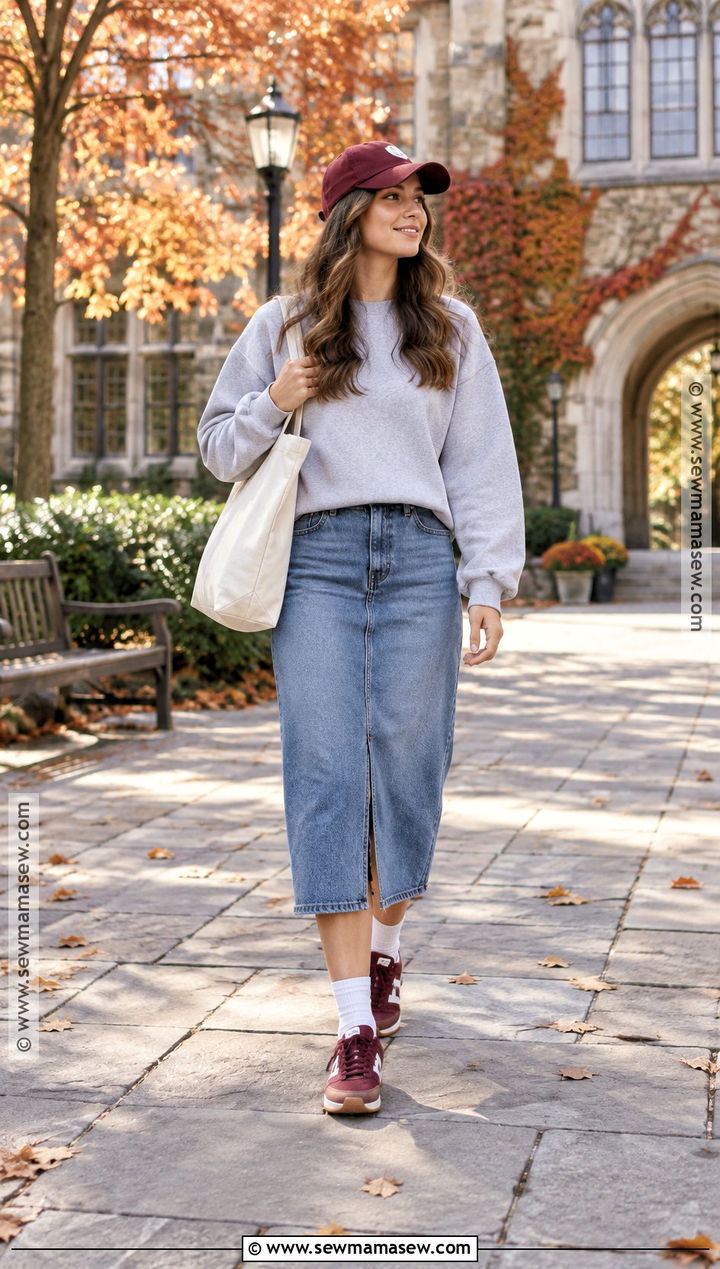 Denim Skirt With Sweatshirt And Retro Sneakers - 15 Denim Skirt Outfit Fall Ideas 2026