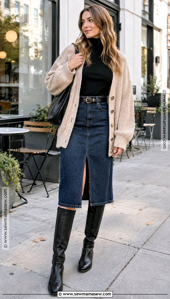 Denim Skirt With Tall Black Boots - 20 tall black boots outfit fall