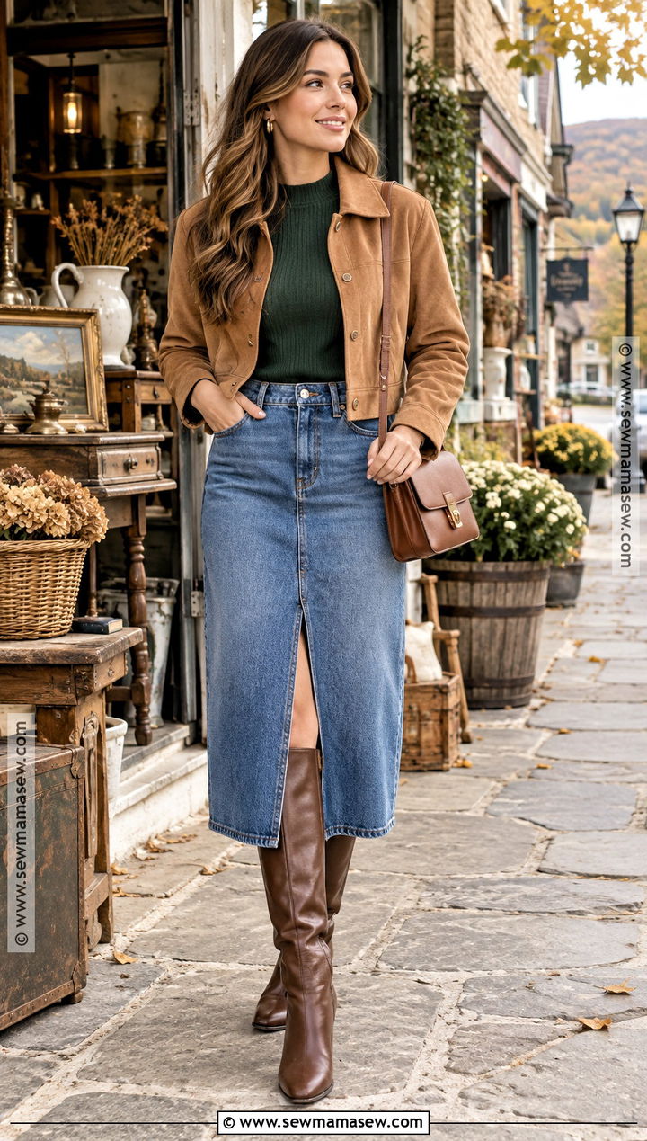 Denim Skirt With Tall Boots - 25 fall vacation outfits