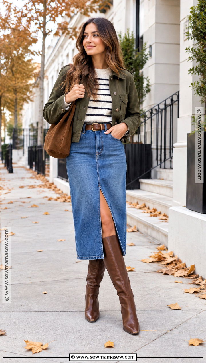 Denim Skirt With Tall Boots - 20 Tall Boots Fall Outfits
