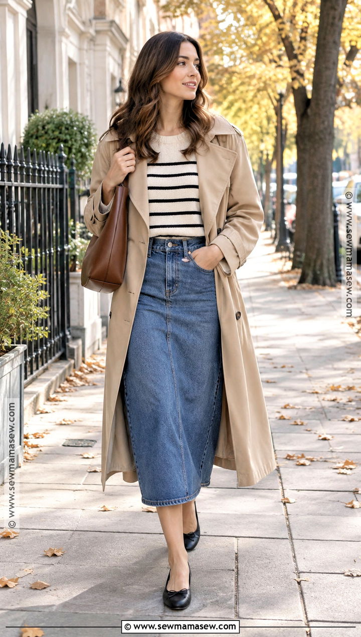 Denim Skirt With Trench Coat And Ballet Flats - 25 fall denim skirt outfits
