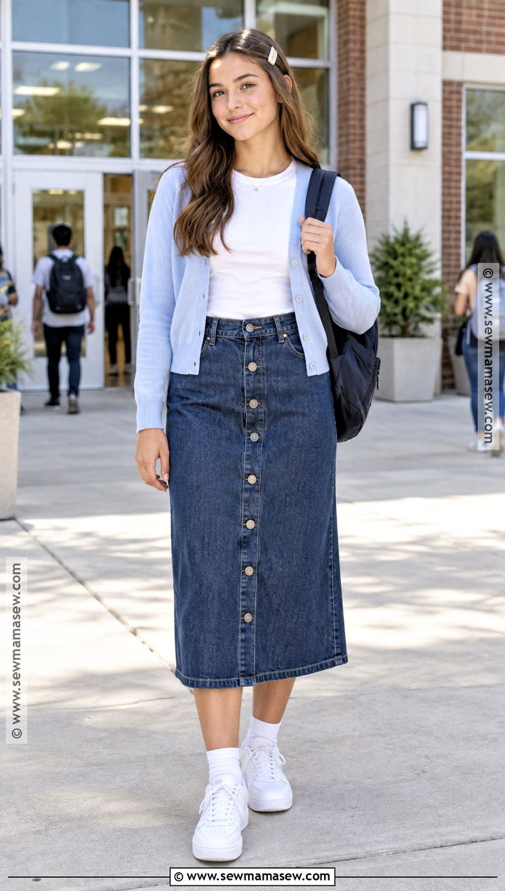 Denim Skirt and Cardigan Back to School Outfit - 15 back to school outfits casual