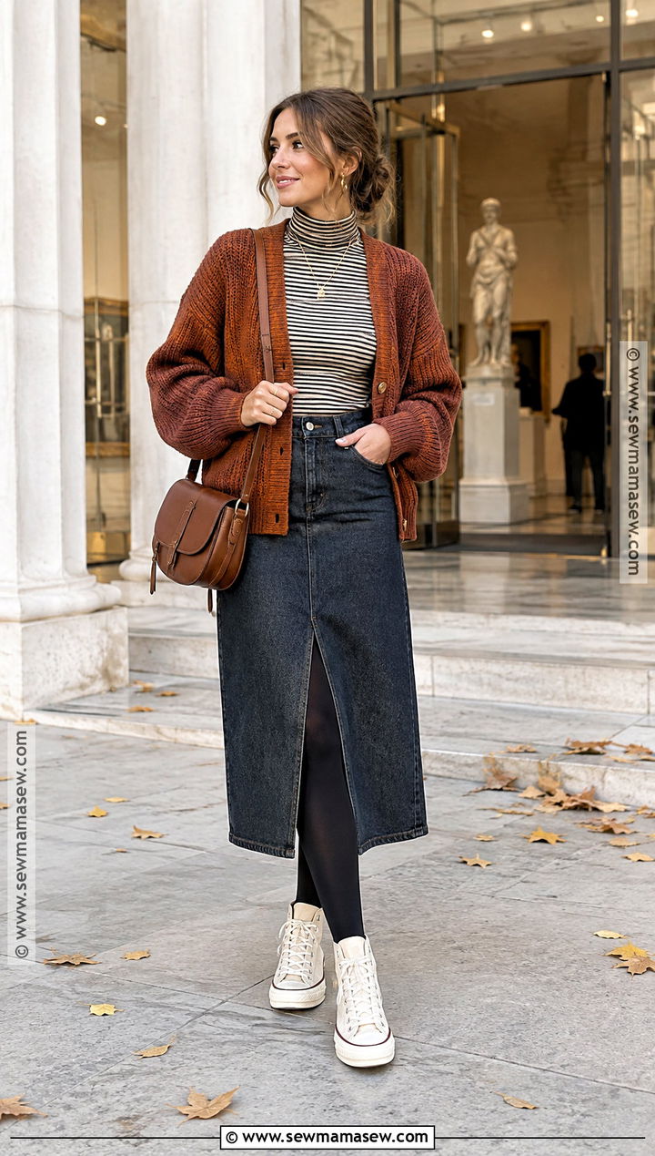 Denim Skirt and High Top Tennis Shoes - 15 tennis shoe outfits fall