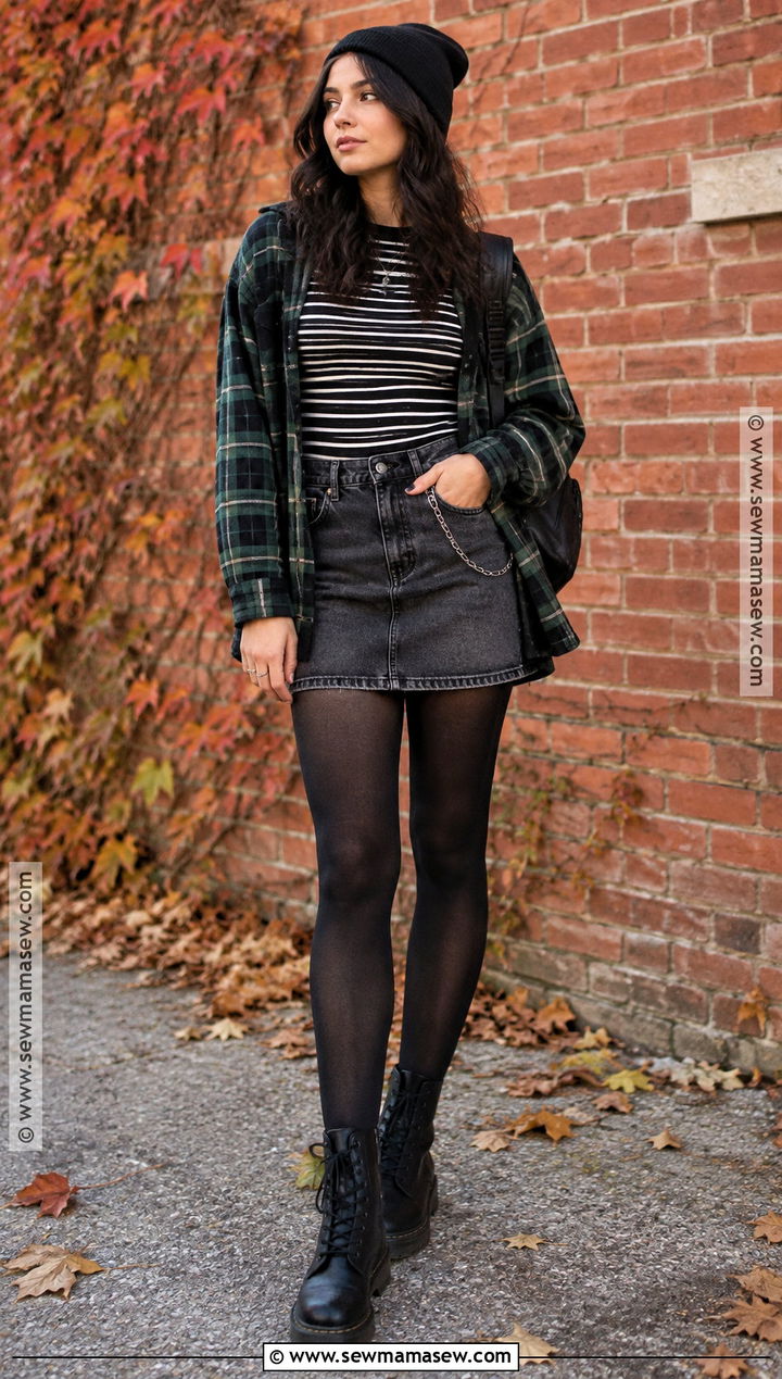 Denim Skirt and Striped Top Fall Grunge Outfit - 15 cute fall grunge outfits