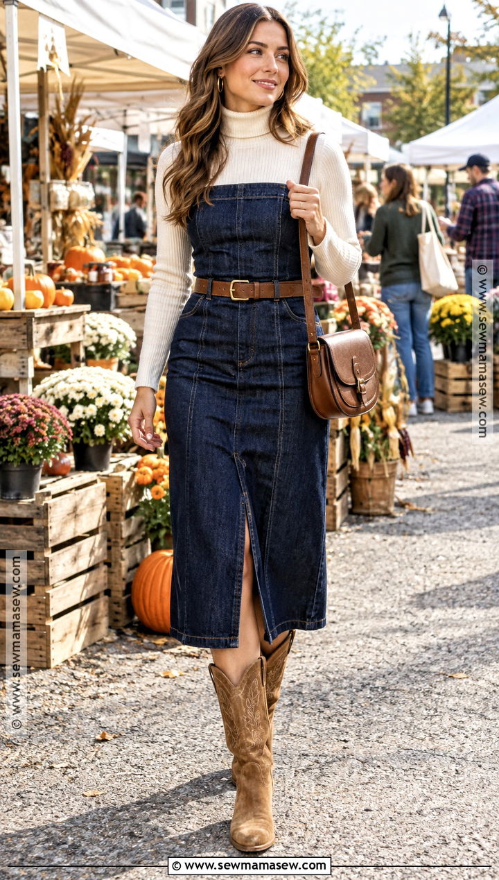 Denim Strapless Dress With Turtleneck And Western Boots - 15 Strapless Dress Fall Outfit Ideas