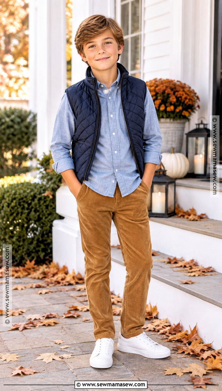 Denim Thanksgiving Shirt With Corduroy Pants And Sneakers - 20 kids thanksgiving outfits