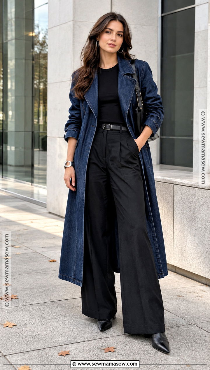 Denim Trench Coat With Monochrome Black Outfit - 20 trench coat fall ideas