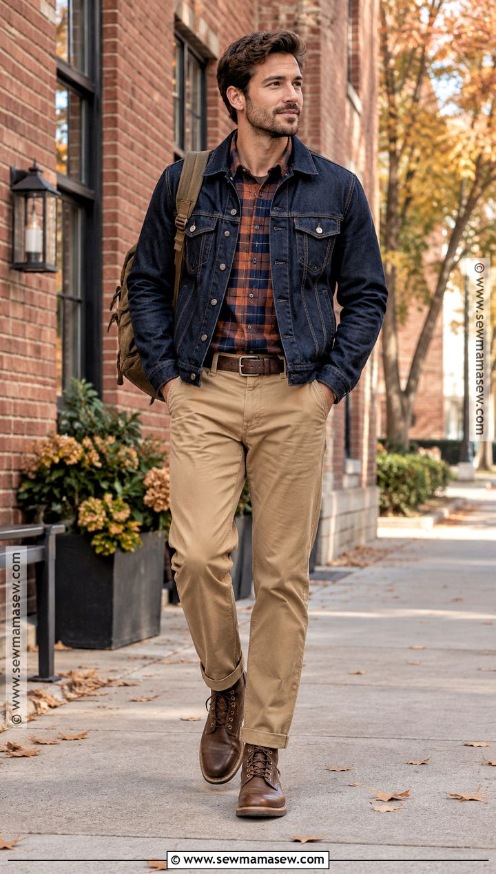 Denim Trucker Jacket With Flannel Shirt And Chinos - 20 fall jackets for men