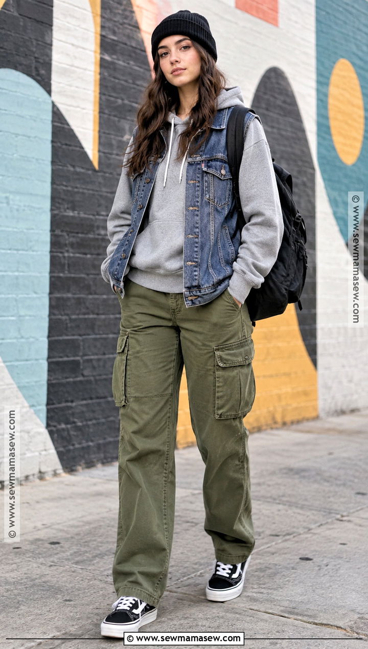 Denim Vest And Cargo Pants Streetwear Outfit - 20 Streetwear Fashion Women Fall Ideas