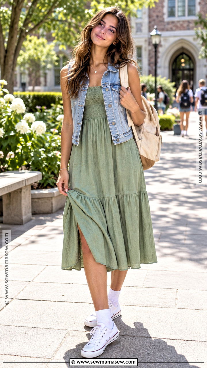 Denim Vest And Cotton Dress Back To School Outfit - 20 Back To School Outfits Warm Weather