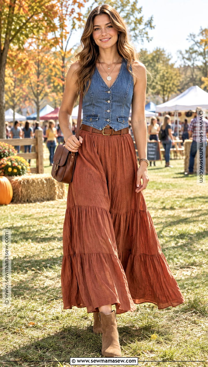 Denim Vest Maxi Skirt And Ankle Boots - 25 sunny fall outfits