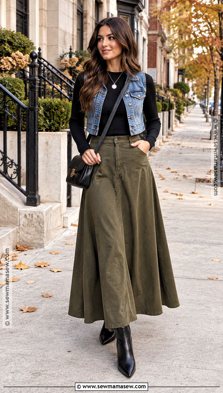 Denim Vest Outfit With Maxi Skirt And Ankle Boots - 20 fall outfits vest