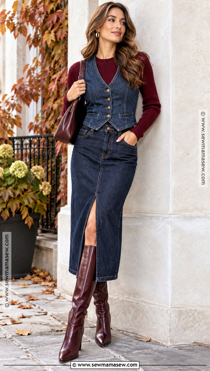 Denim Vest With Burgundy Sweater And Denim Midi Skirt - 25 denim vest outfit fall ideas