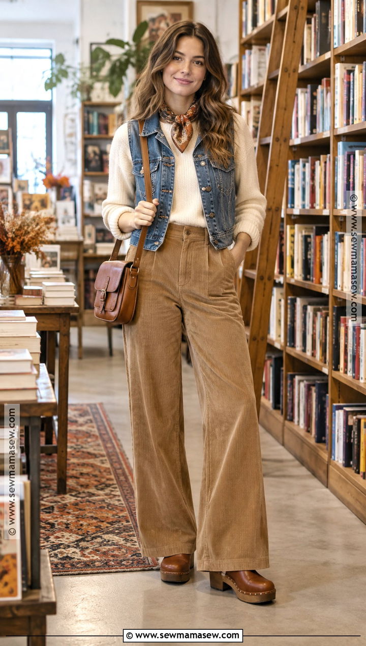 Denim Vest With Cream Sweater And Corduroy Pants - 25 denim vest outfit fall ideas