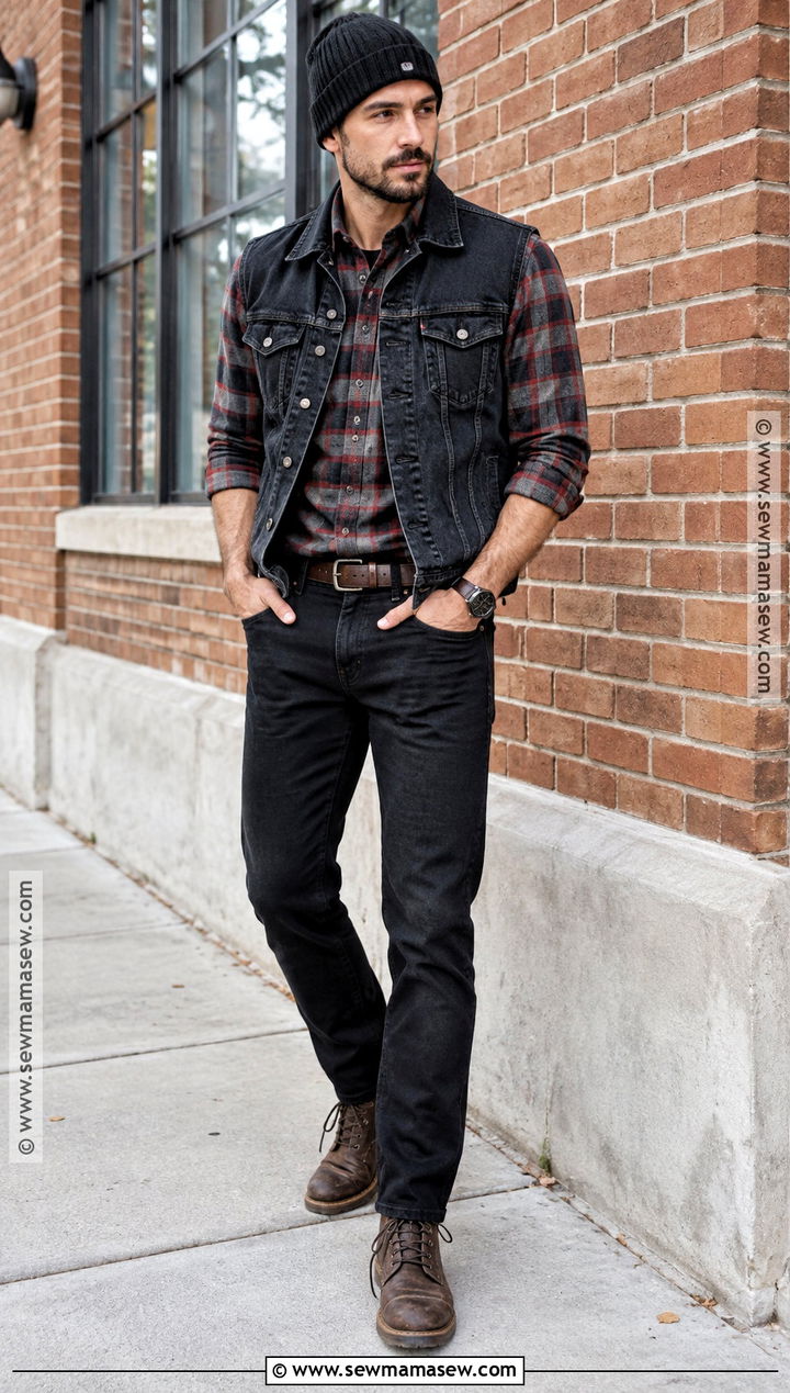 Denim Vest With Flannel and Black Jeans - 15 Mens Fall Vest Outfit Ideas