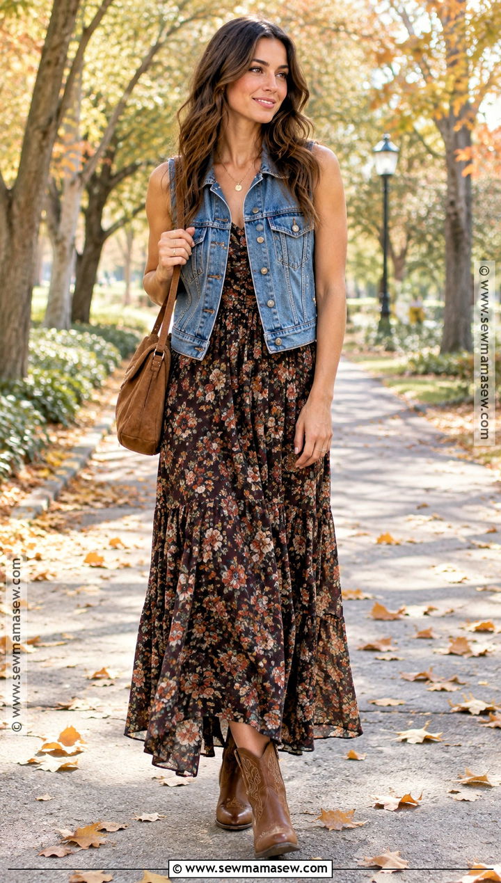 Denim Vest With Floral Maxi Dress And Western Boots - 25 denim vest outfit fall ideas