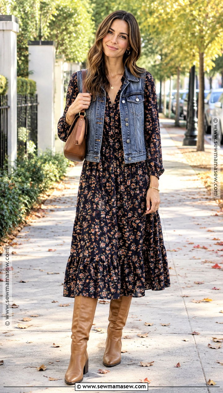 Denim Vest With Floral Midi Dress And Knee High Boots - 20 denim vest fall outfit ideas