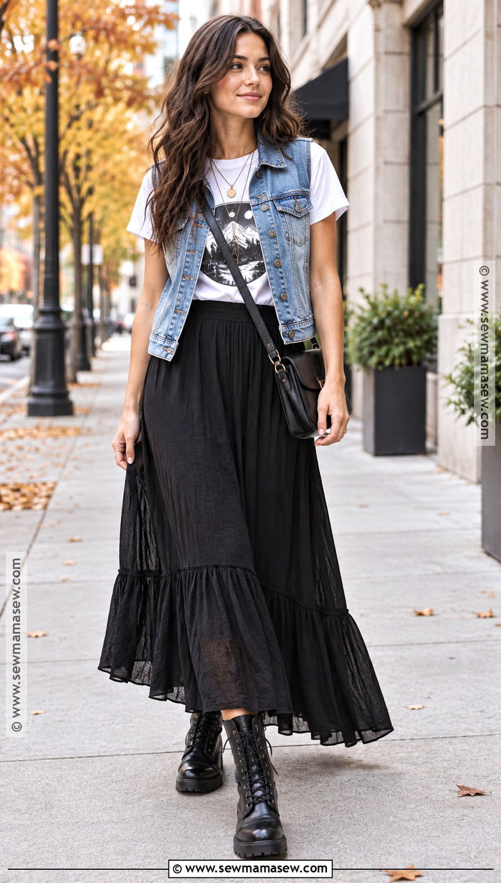 Denim Vest With Graphic Tee And Maxi Skirt - 25 denim vest outfit fall ideas