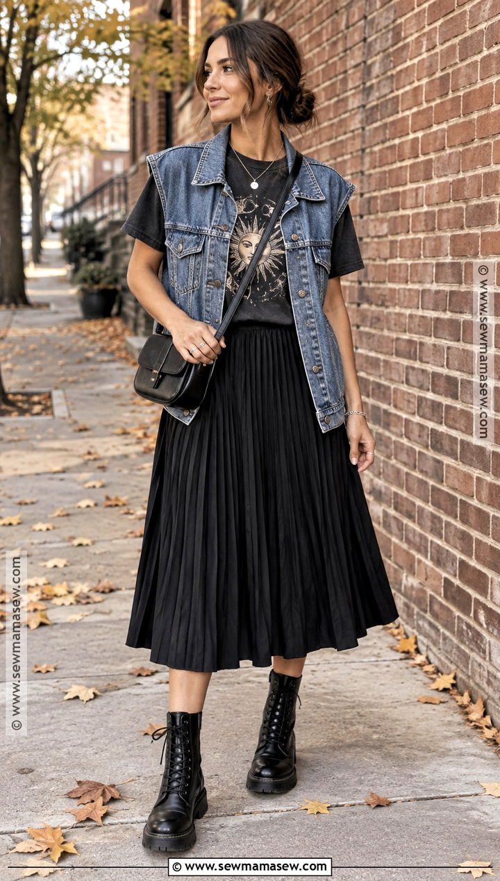 Denim Vest With Graphic Tee And Midi Skirt - 20 denim vest fall outfit ideas