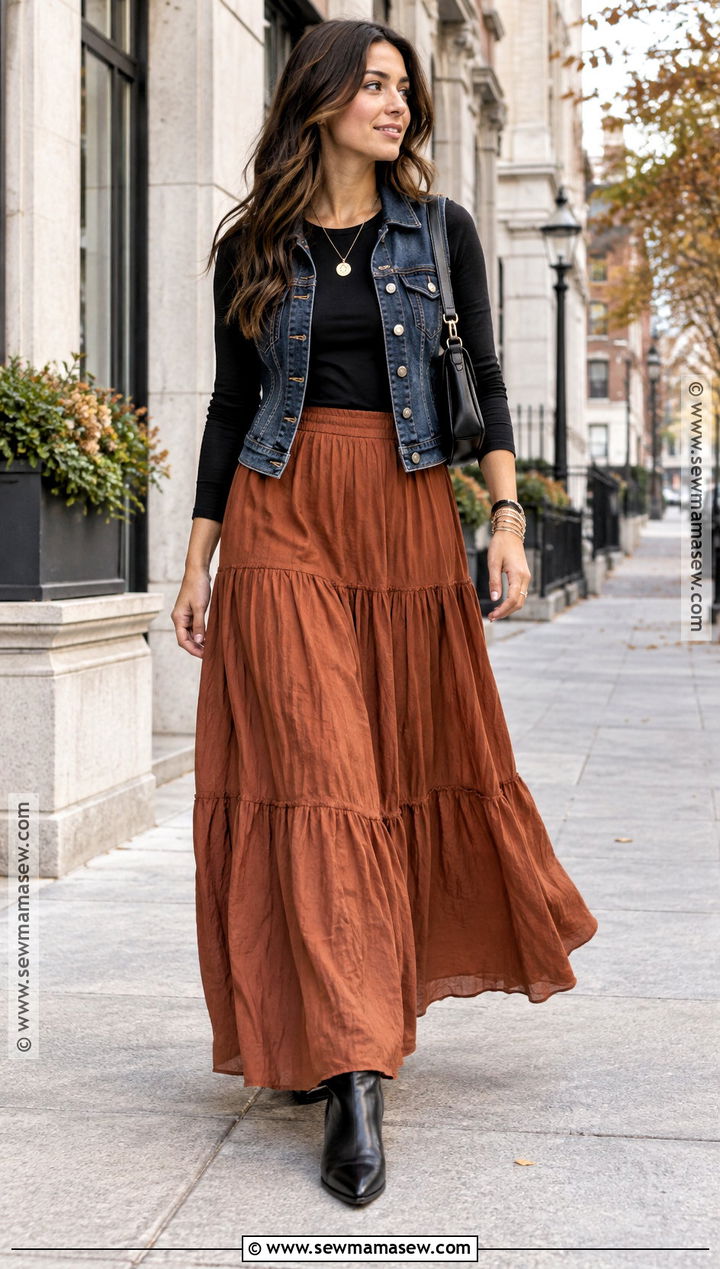 Denim Vest With Maxi Skirt And Ankle Boots - 15 Fall Vest Outfits for Women 2026