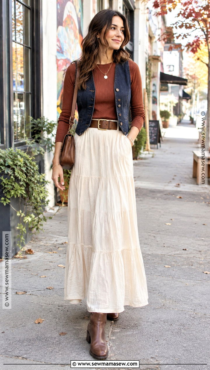 Denim Vest With Maxi Skirt And Boots - 25 fall vest outfits