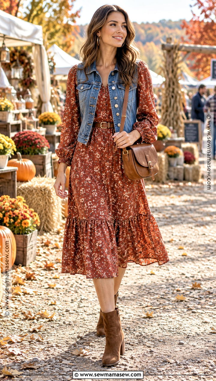 Denim Vest With Midi Dress And Ankle Boots - 20 Fall Outfit With Vest Ideas