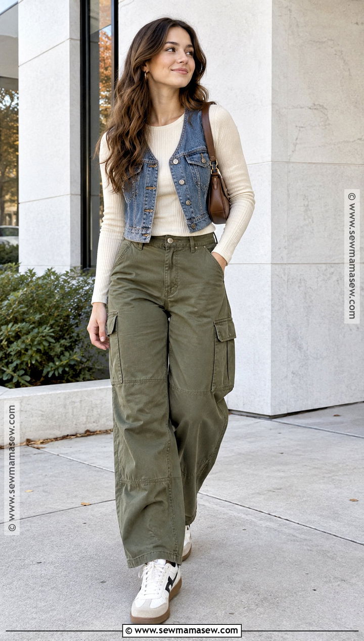 Denim Vest With Ribbed Top And Cargo Pants - 20 denim vest fall outfit ideas