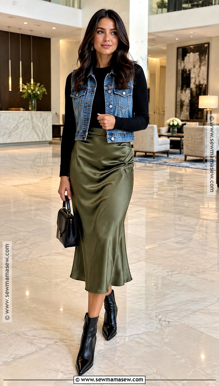 Denim Vest With Satin Midi Skirt And Fitted Knit - 25 denim vest outfit fall ideas