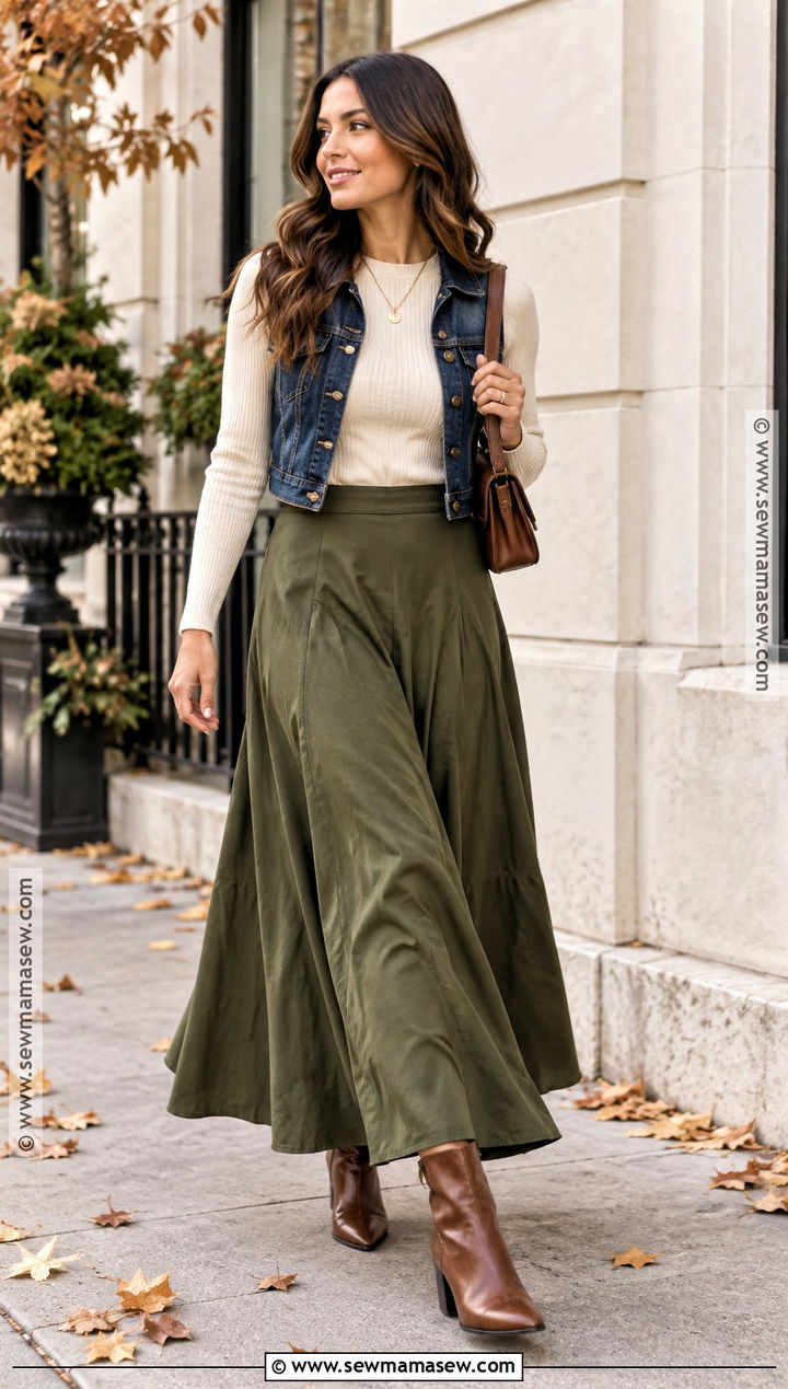 Denim Vest With Sweater And Maxi Skirt - 20 denim vest fall outfit ideas