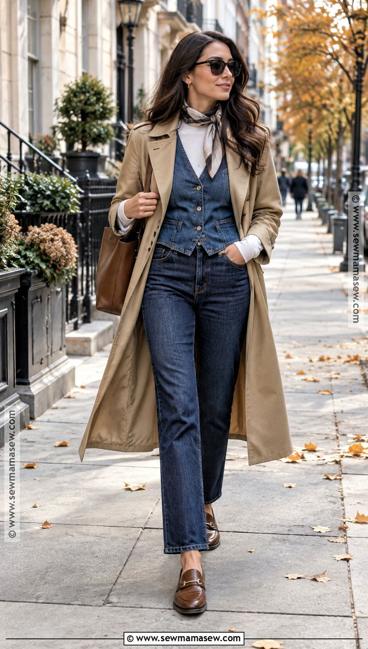 Denim Vest With Trench Coat And Straight Jeans - 25 denim vest outfit fall ideas