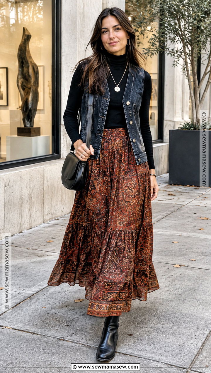 Denim Vest With Turtleneck And Maxi Skirt - 20 autumn vest outfit ideas