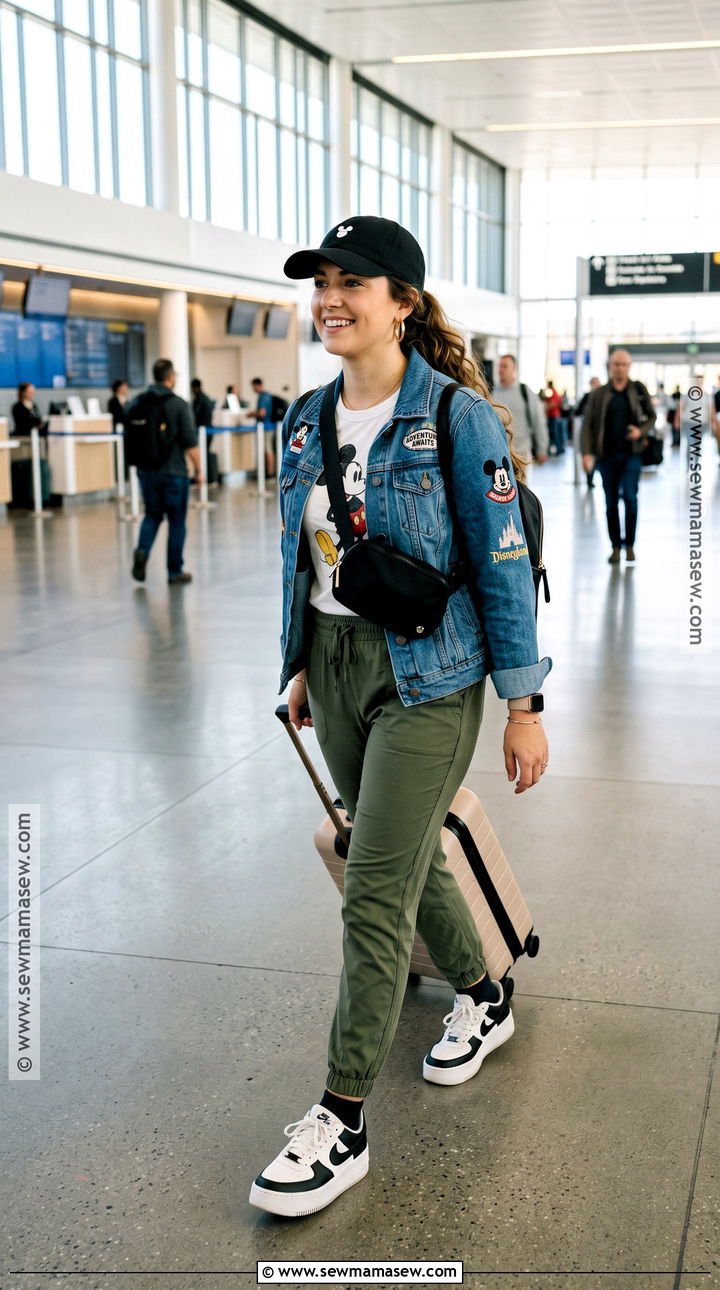 Disney Denim Jacket Outfit With Joggers - 20 Disney Fall Outfit Ideas for Women