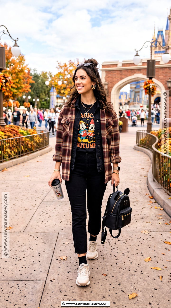 Disney Graphic Tee And Plaid Shacket Outfit - 20 Disney Outfits Women Fall