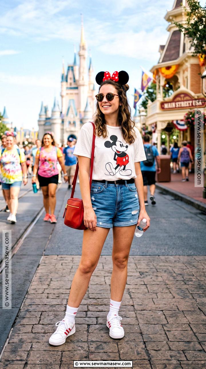 Disney Mickey T Shirt And Denim Shorts Outfit - 20 disney september outfit ideas