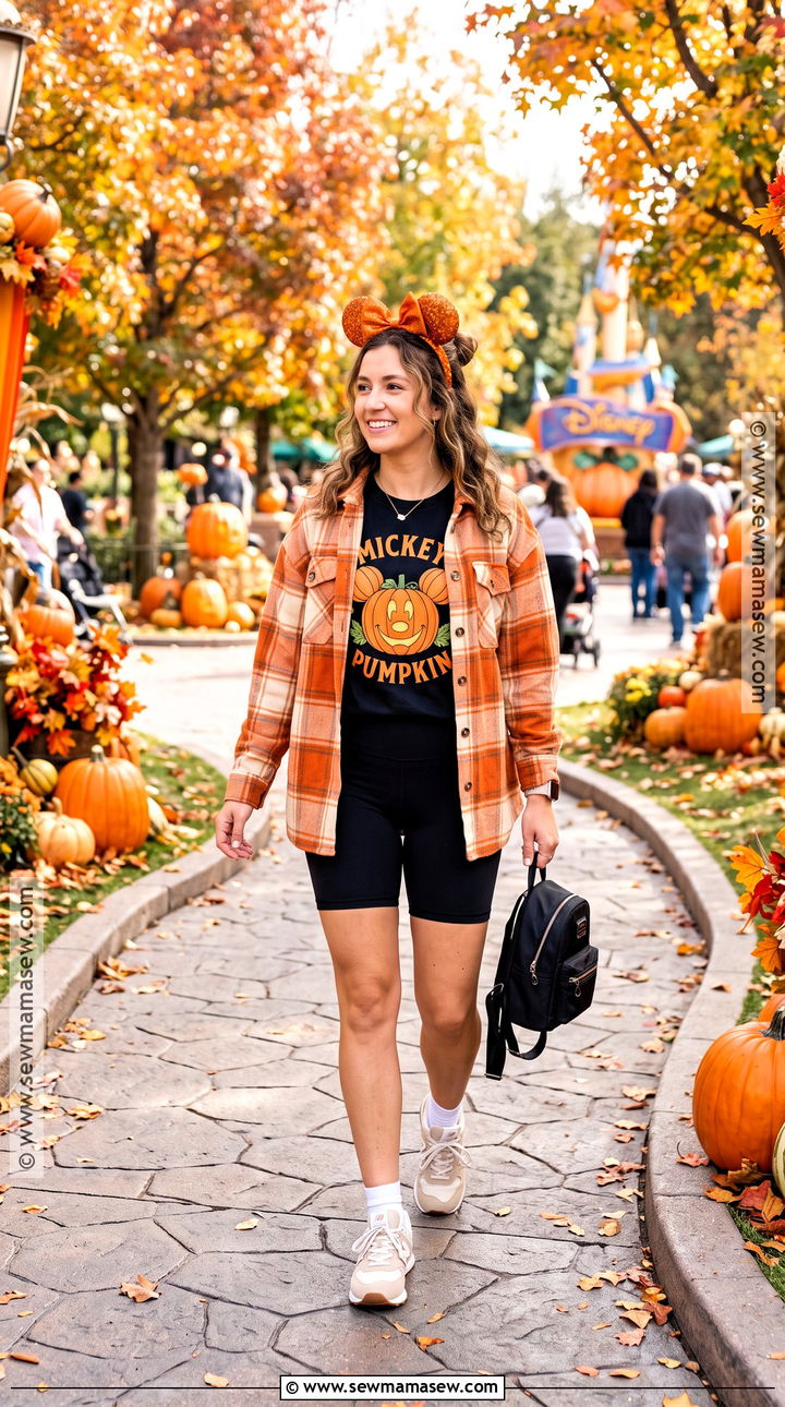 Disney Pumpkin Shirt Outfit With Biker Shorts - 20 Disney Fall Outfit Ideas for Women