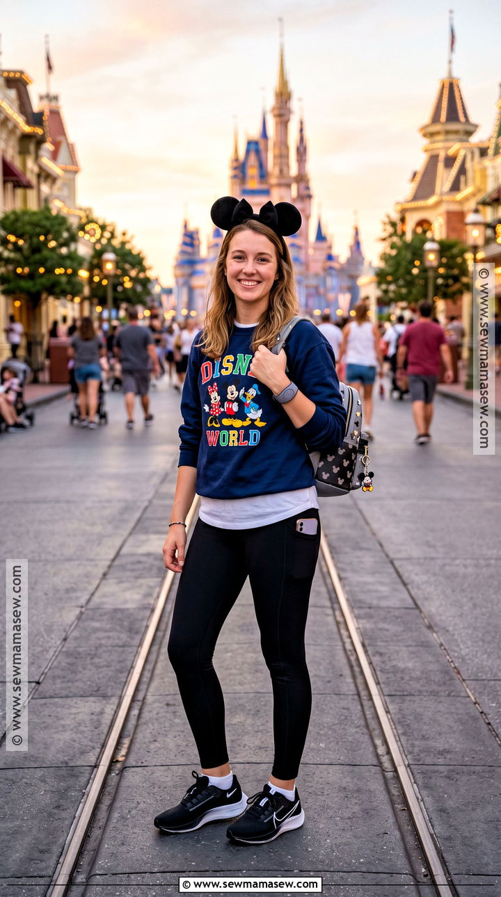 Disney Sweatshirt And Black Leggings Evening Outfit - 15 October Disney World Outfits