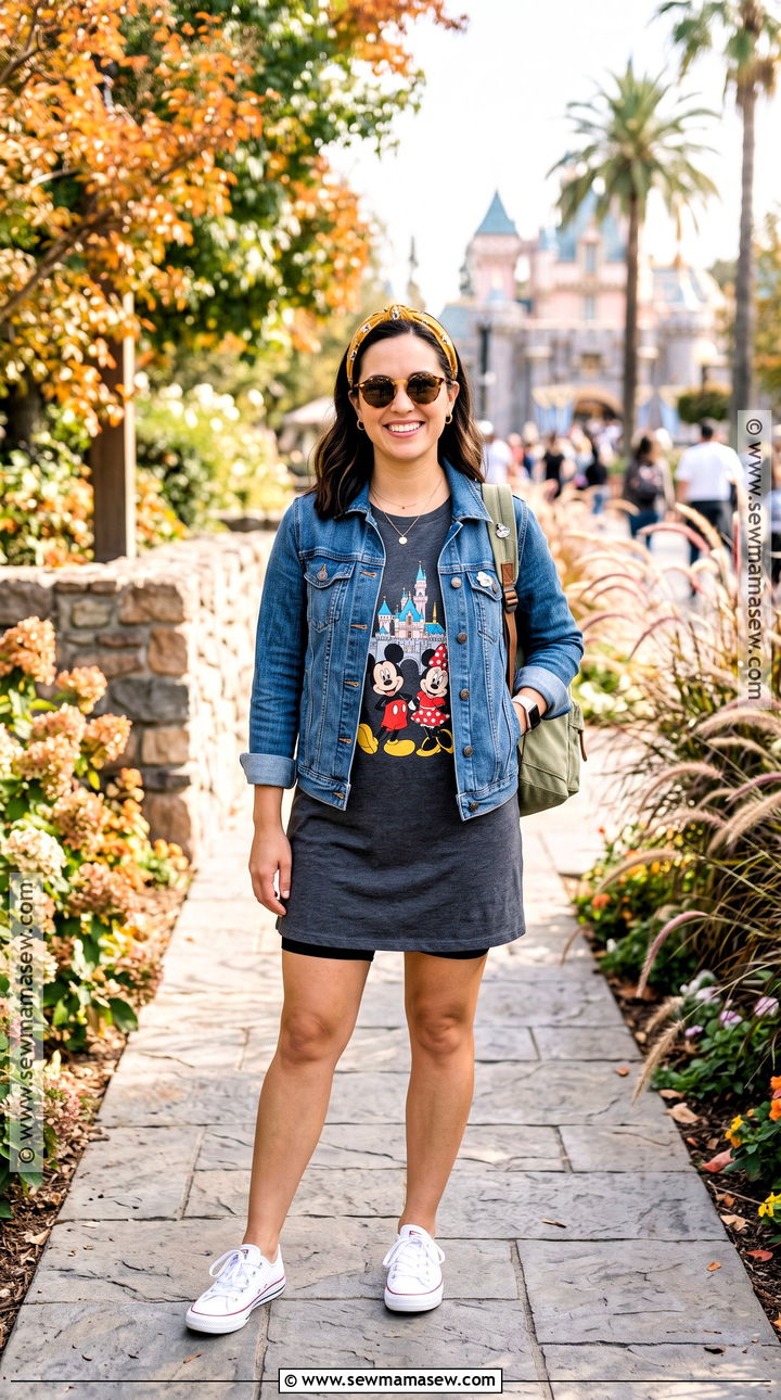 Disney T Shirt Dress With Denim Jacket - 15 disney mom outfit fall ideas