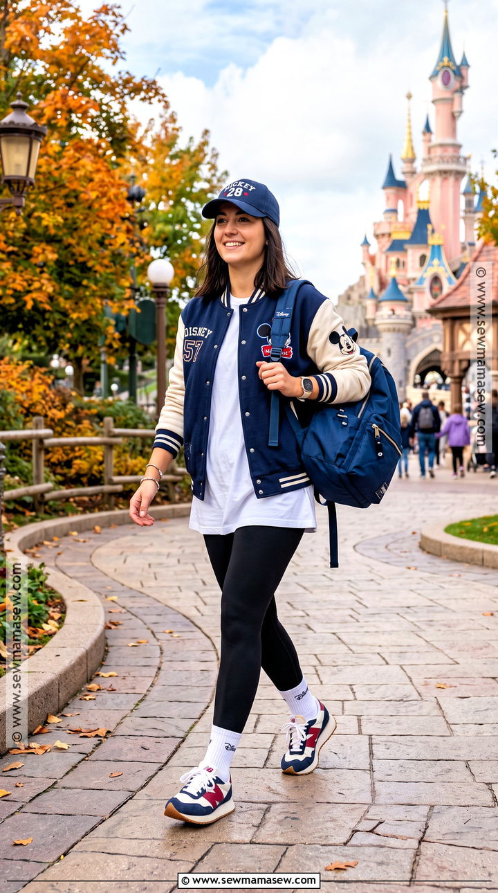 Disney Varsity Jacket With Black Leggings - 20 Disney Paris Outfits Autumn