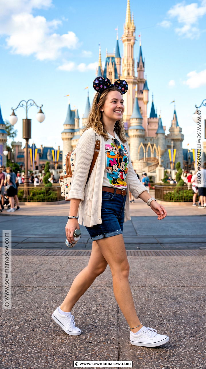 Disney World Denim Shorts And Cardigan Outfit - 15 disneyworld outfit november ideas