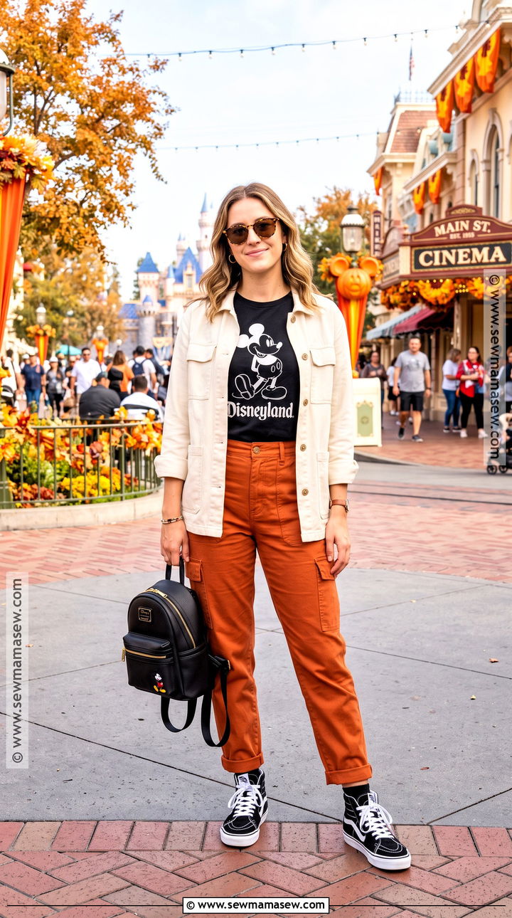 Disneyland Fall Black Tee And Rust Cargo Pants Outfit - 20 Disneyland Fall Outfit Ideas
